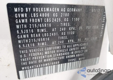 2013 Volkswagen Tiguan S из США, поврежденный, VIN WVGAV7AX0DW516965